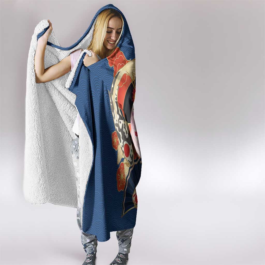 Japanese Geisha Koi Fish Hooded Blanket Cherry Blossoms Blue Seigaiha Pattern LT14 - Polynesian Pride
