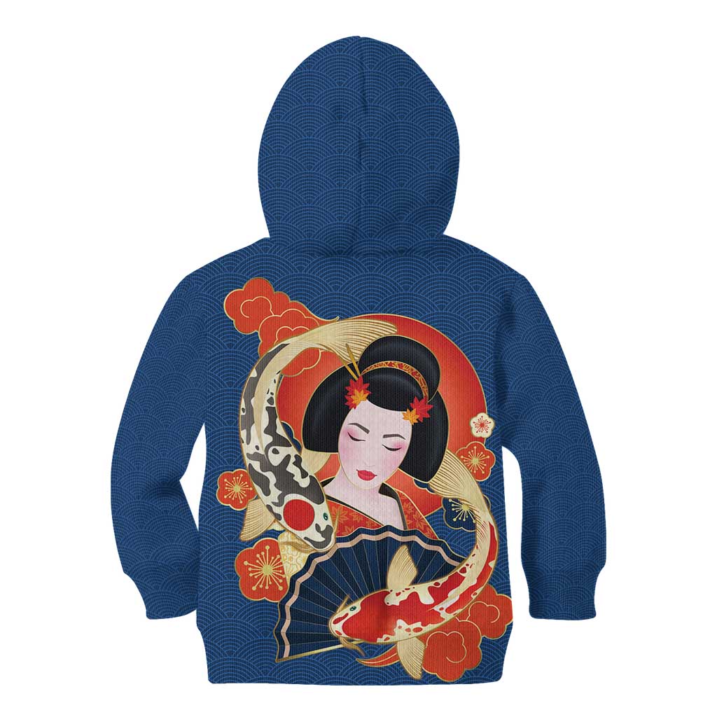 Japanese Geisha Koi Fish Kid Hoodie Cherry Blossoms Blue Seigaiha Pattern LT14 - Polynesian Pride