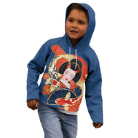 Japanese Geisha Koi Fish Kid Hoodie Cherry Blossoms Blue Seigaiha Pattern LT14 - Polynesian Pride