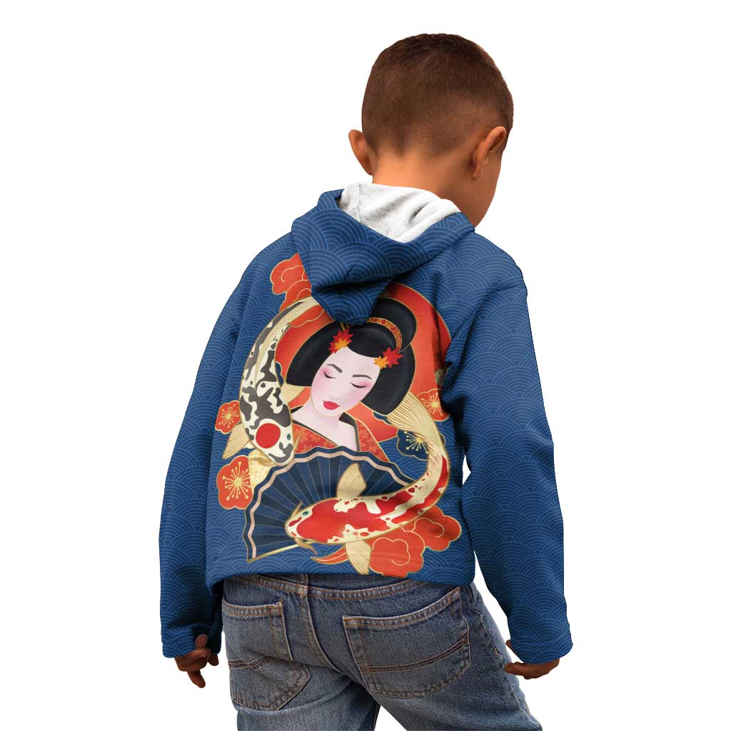 Japanese Geisha Koi Fish Kid Hoodie Cherry Blossoms Blue Seigaiha Pattern LT14 - Polynesian Pride