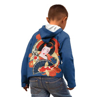 Japanese Geisha Koi Fish Kid Hoodie Cherry Blossoms Blue Seigaiha Pattern LT14 - Polynesian Pride