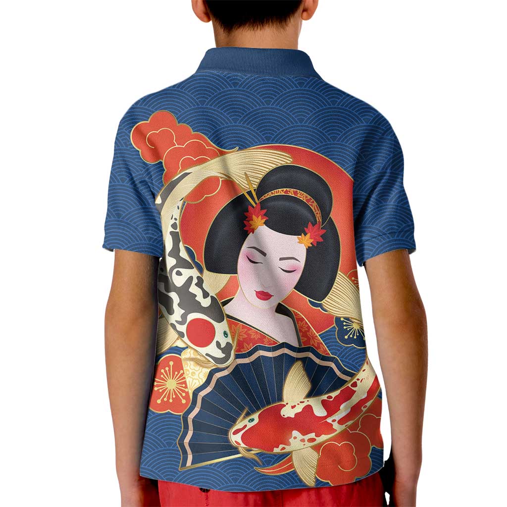 Japanese Geisha Koi Fish Kid Polo Shirt Cherry Blossoms Blue Seigaiha Pattern LT14 - Polynesian Pride