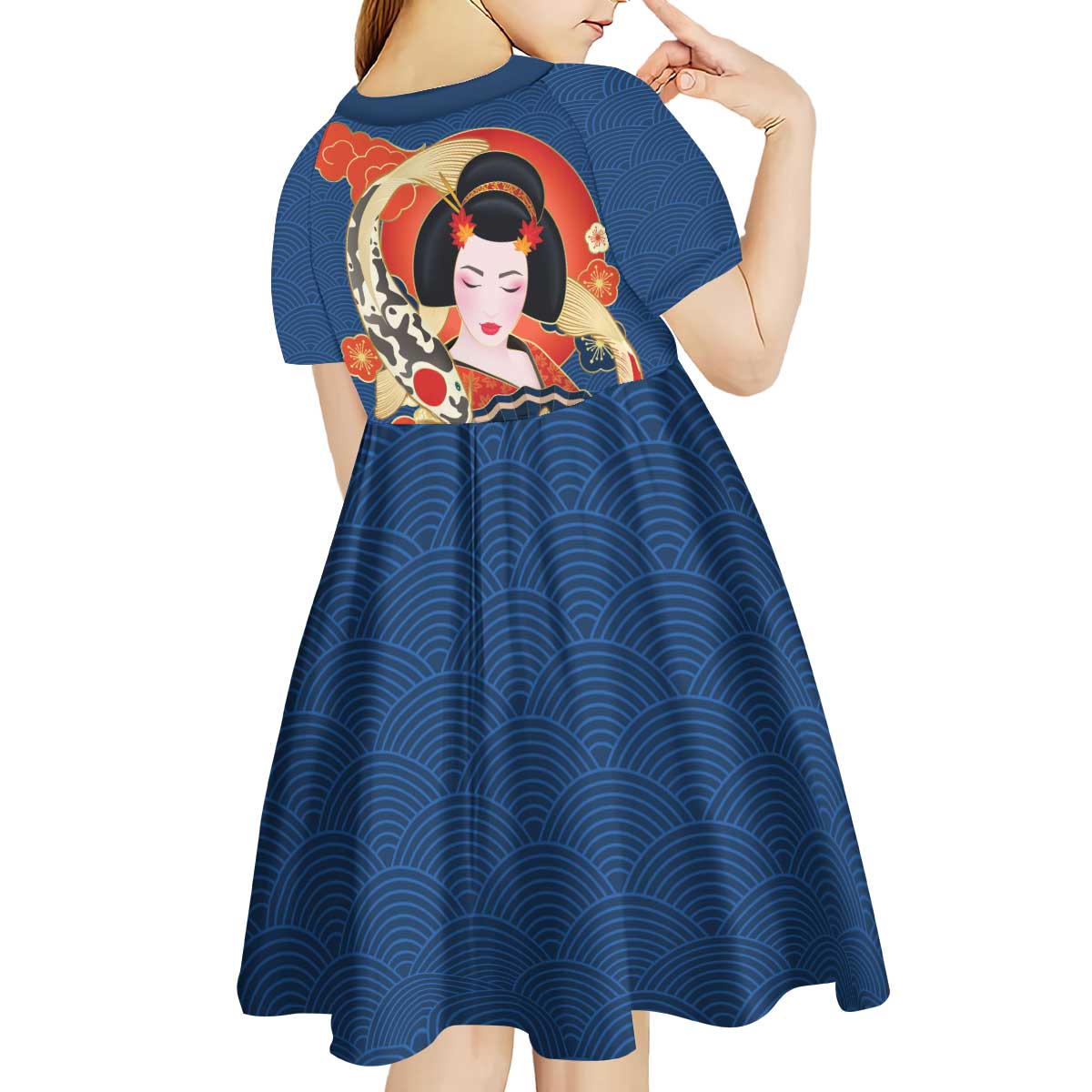 Japanese Geisha Koi Fish Kid Short Sleeve Dress Cherry Blossoms Blue Seigaiha Pattern LT14 - Polynesian Pride