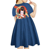 Japanese Geisha Koi Fish Kid Short Sleeve Dress Cherry Blossoms Blue Seigaiha Pattern LT14 - Polynesian Pride