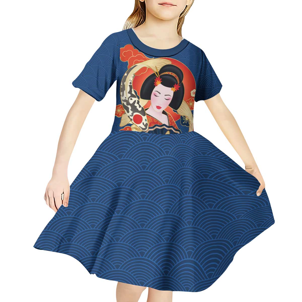 Japanese Geisha Koi Fish Kid Short Sleeve Dress Cherry Blossoms Blue Seigaiha Pattern LT14 - Polynesian Pride