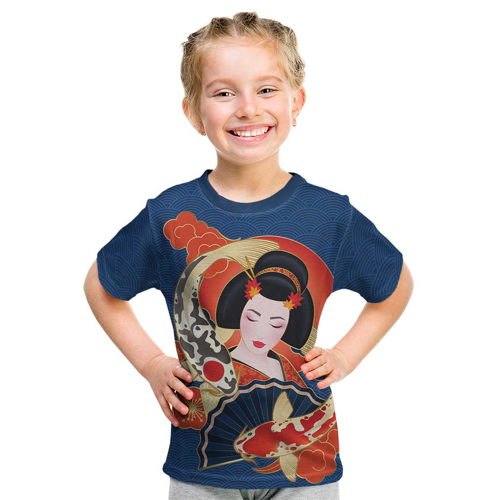 Japanese Geisha Koi Fish Kid T Shirt Cherry Blossoms Blue Seigaiha Pattern LT14 Blue - Polynesian Pride