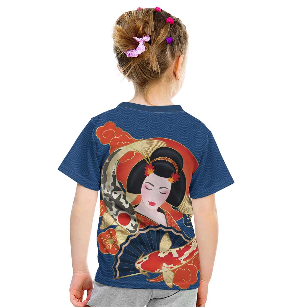 Japanese Geisha Koi Fish Kid T Shirt Cherry Blossoms Blue Seigaiha Pattern LT14 - Polynesian Pride