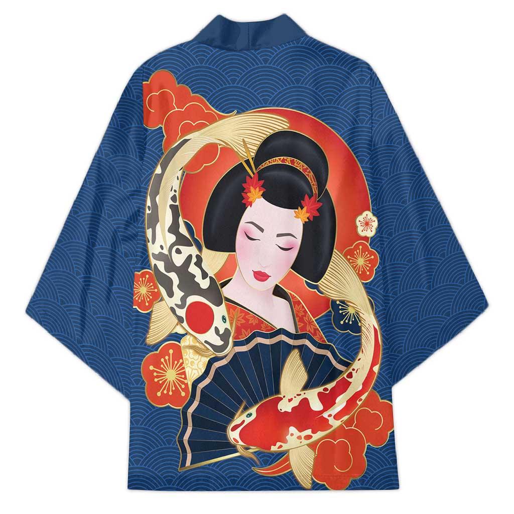 Japanese Geisha Koi Fish Kimono Cherry Blossoms Blue Seigaiha Pattern LT14 - Polynesian Pride