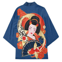 Japanese Geisha Koi Fish Kimono Cherry Blossoms Blue Seigaiha Pattern LT14 - Polynesian Pride