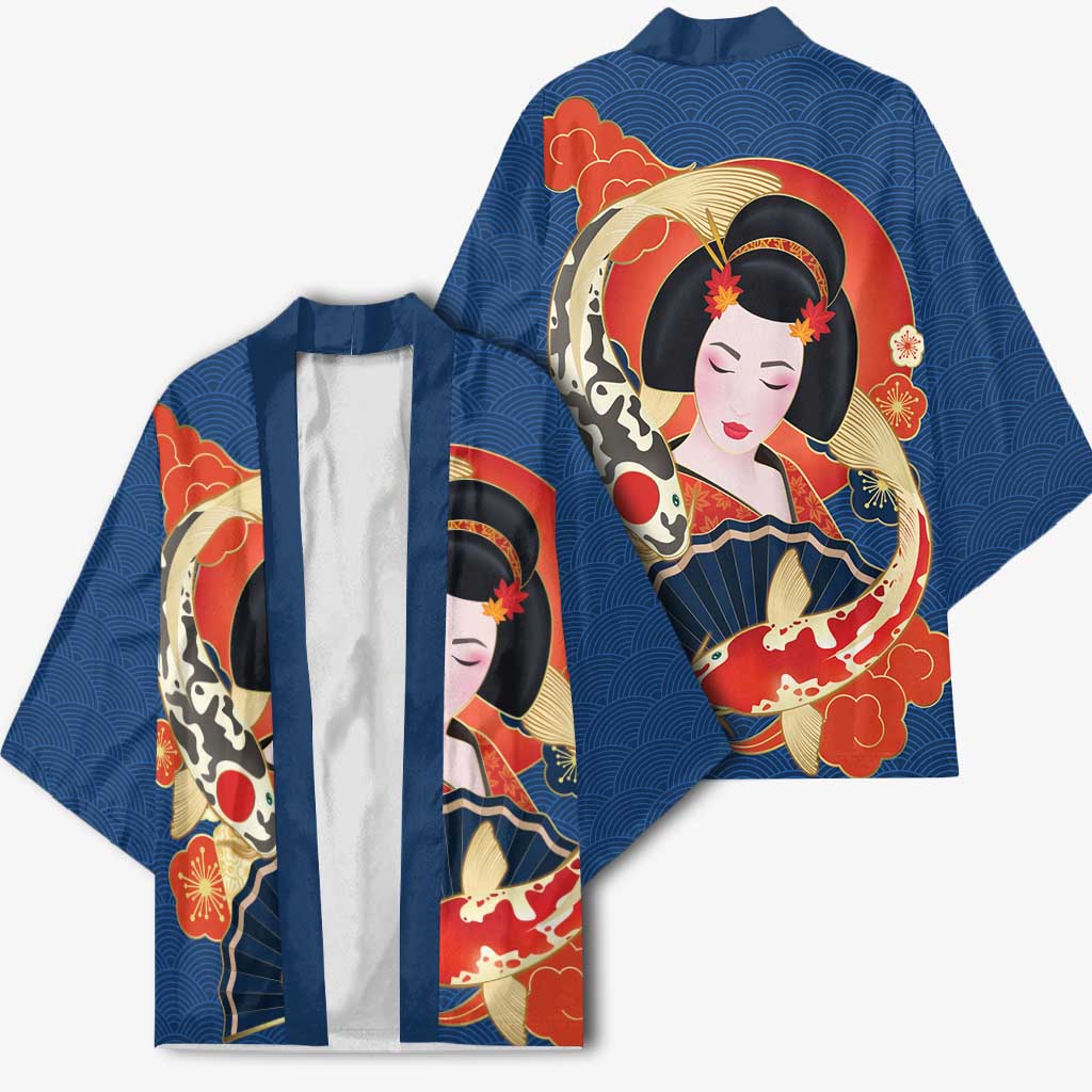 Japanese Geisha Koi Fish Kimono Cherry Blossoms Blue Seigaiha Pattern LT14 - Polynesian Pride