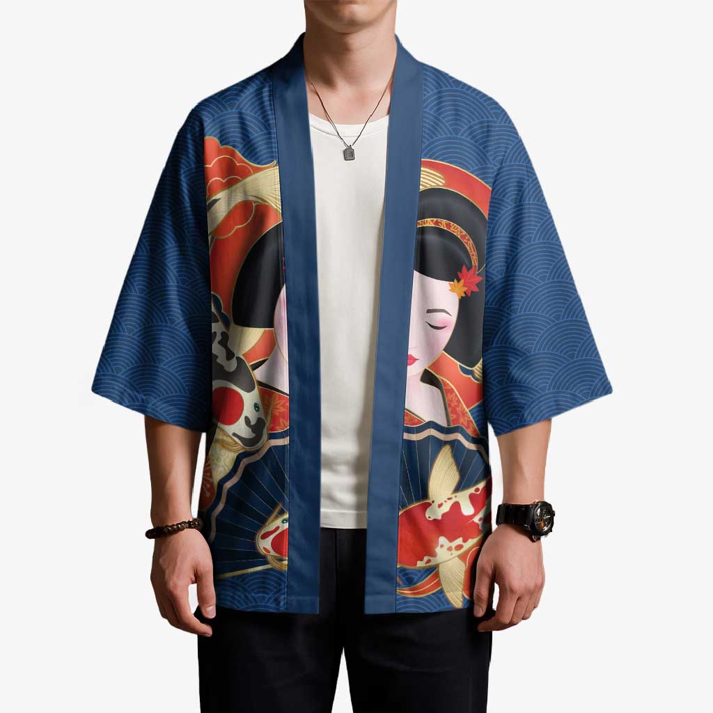 Japanese Geisha Koi Fish Kimono Cherry Blossoms Blue Seigaiha Pattern LT14 - Polynesian Pride