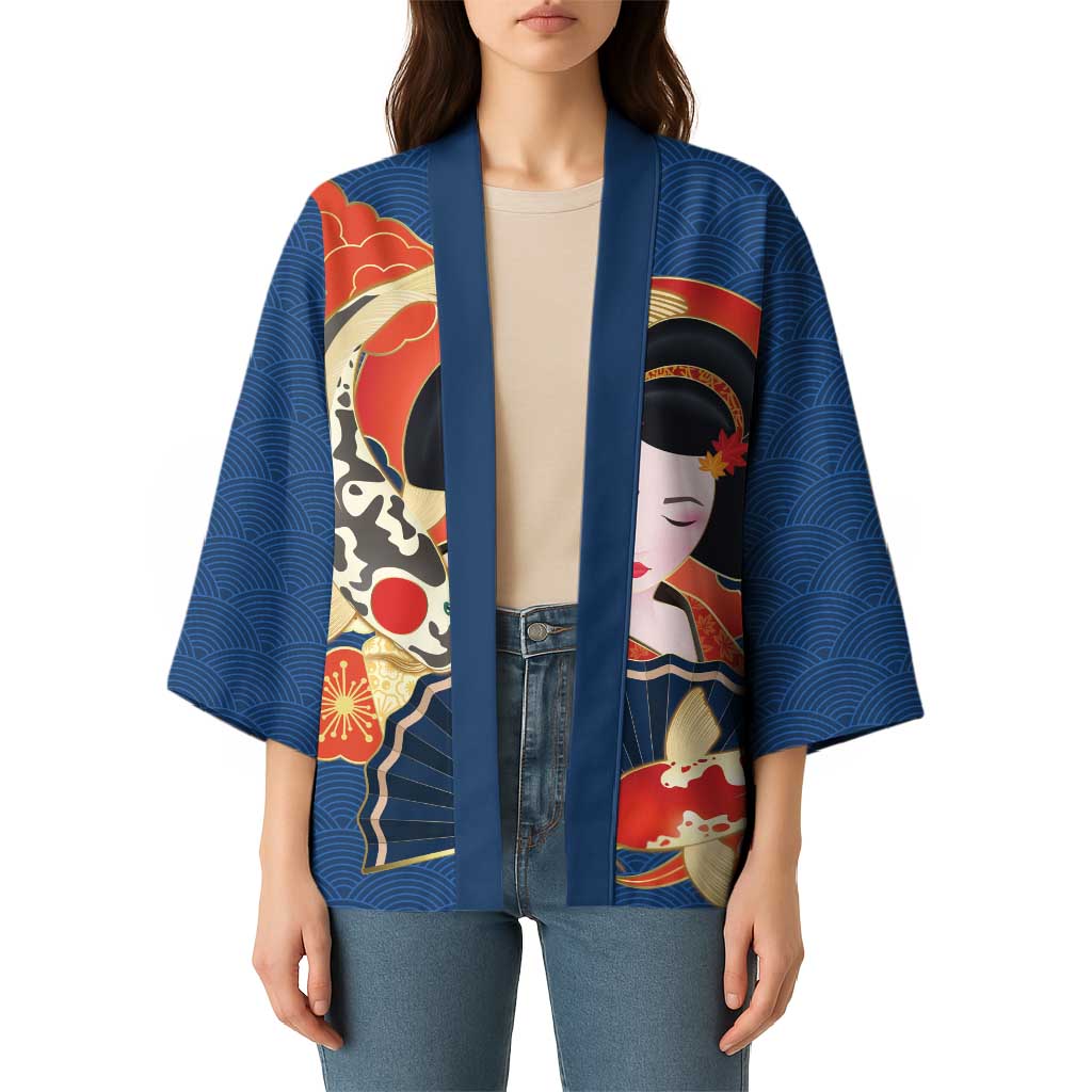 Japanese Geisha Koi Fish Kimono Cherry Blossoms Blue Seigaiha Pattern LT14 - Polynesian Pride