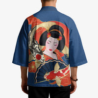 Japanese Geisha Koi Fish Kimono Cherry Blossoms Blue Seigaiha Pattern LT14 - Polynesian Pride