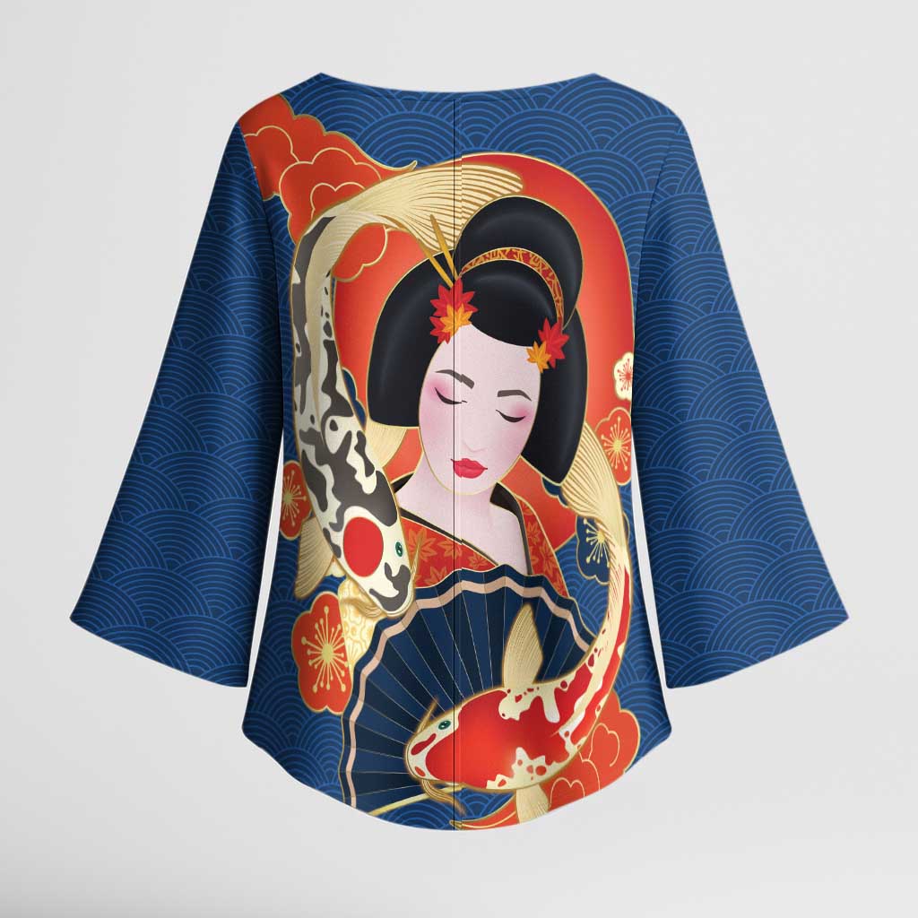 Japanese Geisha Koi Fish Kimono Sleeve Blouse Cherry Blossoms Blue Seigaiha Pattern LT14 - Polynesian Pride