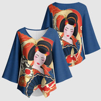 Japanese Geisha Koi Fish Kimono Sleeve Blouse Cherry Blossoms Blue Seigaiha Pattern LT14 - Polynesian Pride