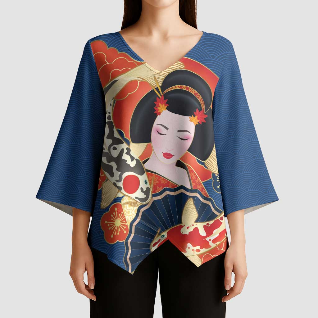 Japanese Geisha Koi Fish Kimono Sleeve Blouse Cherry Blossoms Blue Seigaiha Pattern LT14 - Polynesian Pride