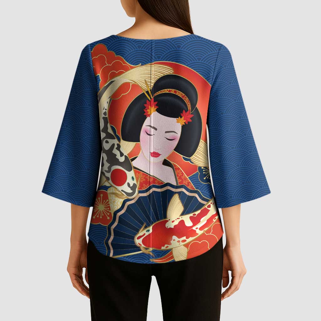 Japanese Geisha Koi Fish Kimono Sleeve Blouse Cherry Blossoms Blue Seigaiha Pattern LT14 - Polynesian Pride
