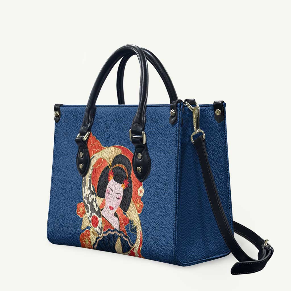 Japanese Geisha Koi Fish Leather Bag Cherry Blossoms Blue Seigaiha Pattern LT14 Blue - Polynesian Pride