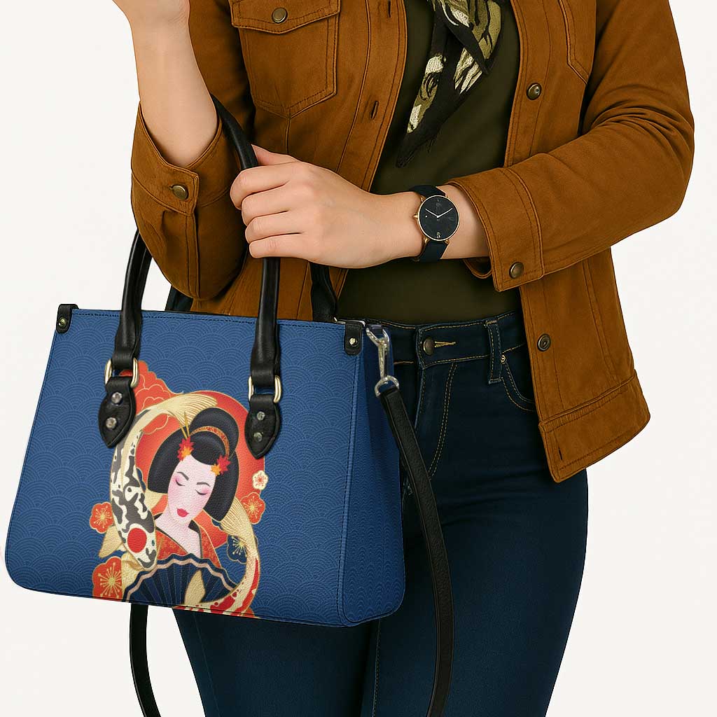 Japanese Geisha Koi Fish Leather Bag Cherry Blossoms Blue Seigaiha Pattern LT14 - Polynesian Pride
