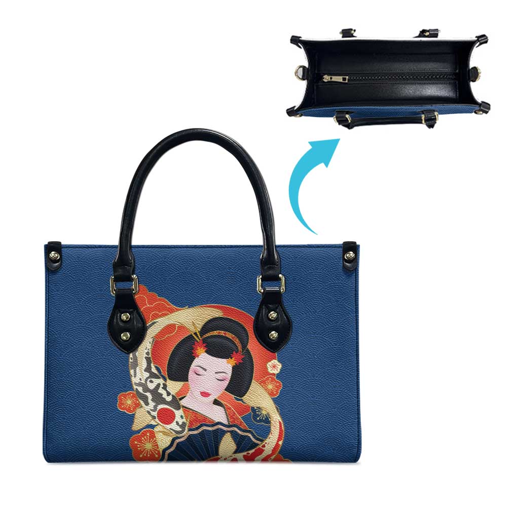 Japanese Geisha Koi Fish Leather Bag Cherry Blossoms Blue Seigaiha Pattern LT14 - Polynesian Pride