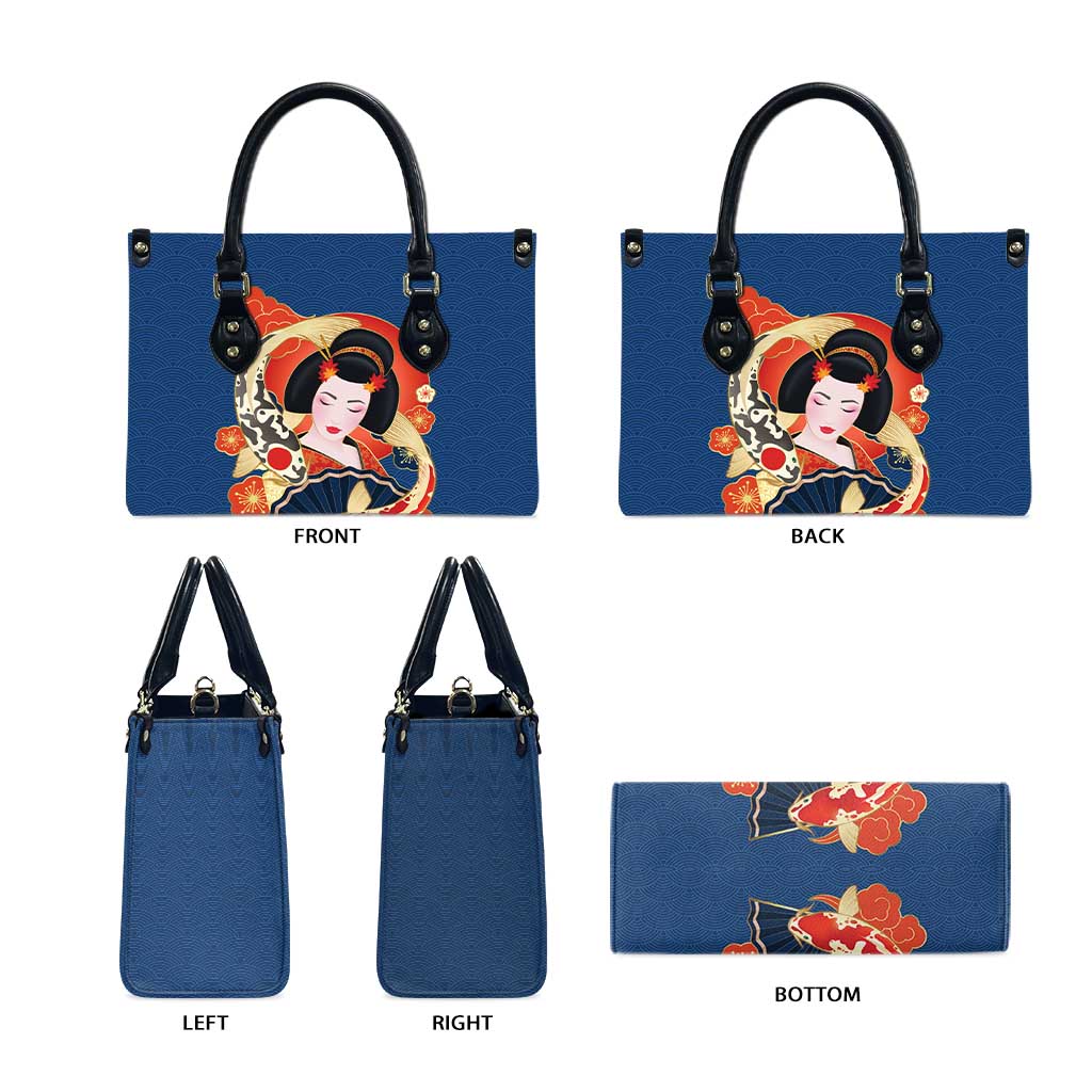 Japanese Geisha Koi Fish Leather Bag Cherry Blossoms Blue Seigaiha Pattern LT14 - Polynesian Pride