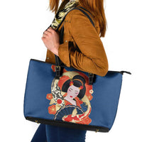 Japanese Geisha Koi Fish Leather Tote Bag Cherry Blossoms Blue Seigaiha Pattern LT14 Blue - Polynesian Pride
