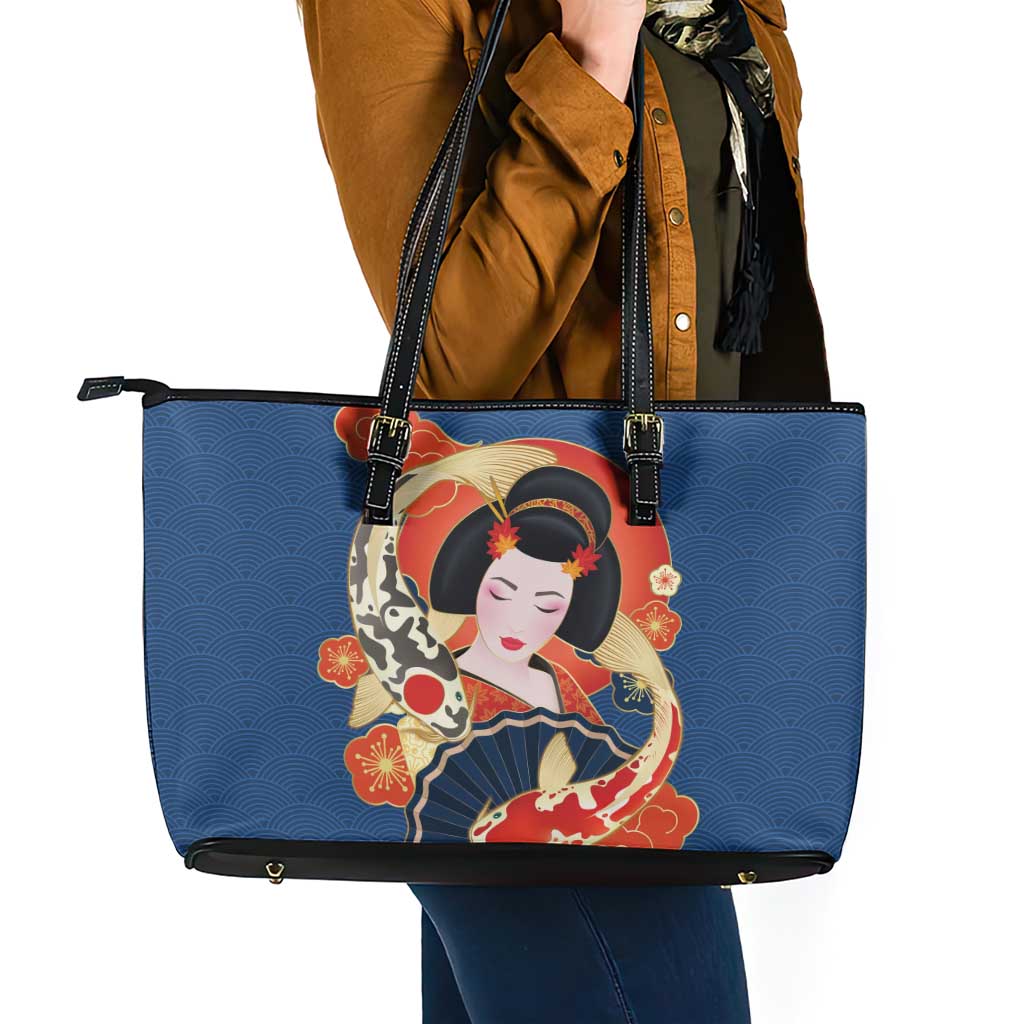 Japanese Geisha Koi Fish Leather Tote Bag Cherry Blossoms Blue Seigaiha Pattern LT14 - Polynesian Pride