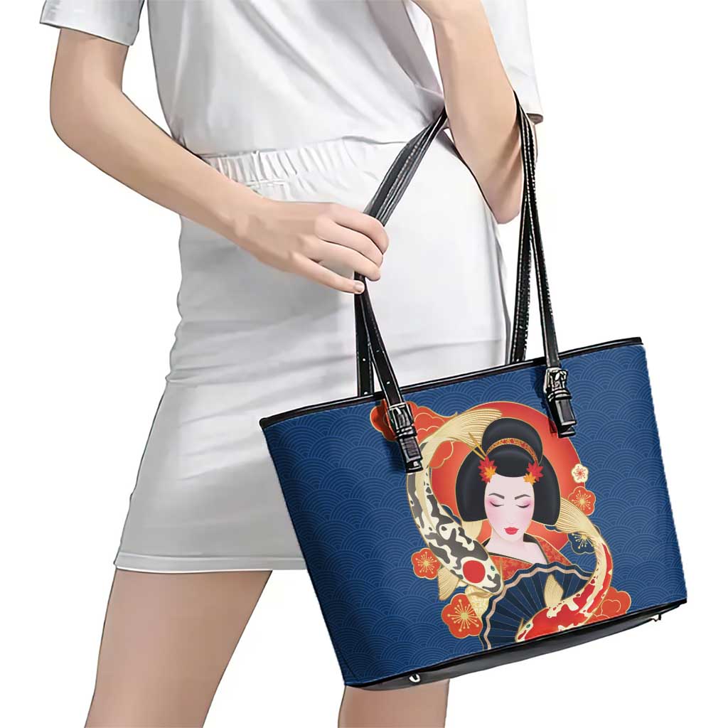 Japanese Geisha Koi Fish Leather Tote Bag Cherry Blossoms Blue Seigaiha Pattern LT14 - Polynesian Pride