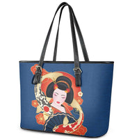 Japanese Geisha Koi Fish Leather Tote Bag Cherry Blossoms Blue Seigaiha Pattern LT14 - Polynesian Pride