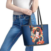 Japanese Geisha Koi Fish Leather Tote Bag Cherry Blossoms Blue Seigaiha Pattern LT14 - Polynesian Pride