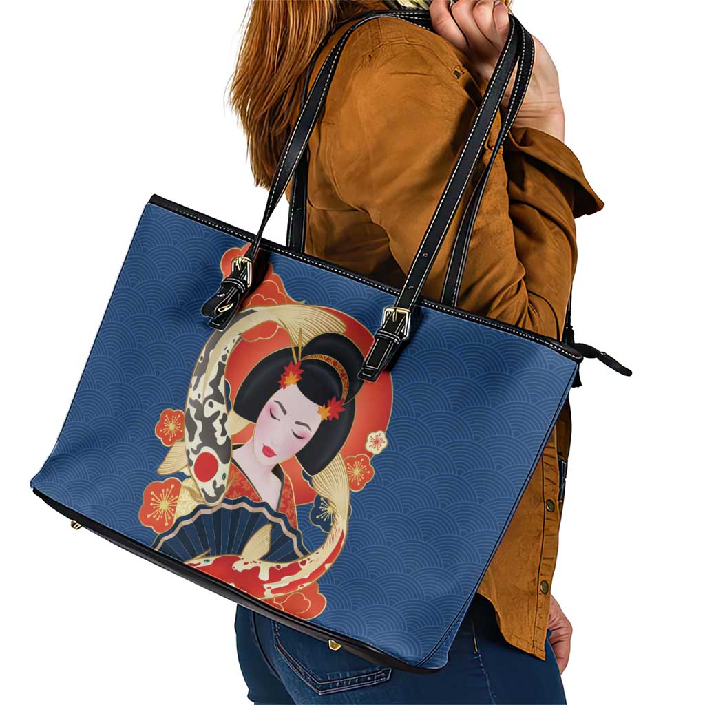 Japanese Geisha Koi Fish Leather Tote Bag Cherry Blossoms Blue Seigaiha Pattern LT14 - Polynesian Pride