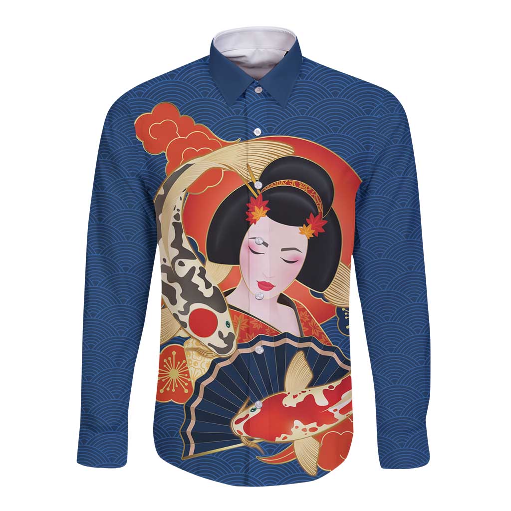 Japanese Geisha Koi Fish Long Sleeve Button Shirt Cherry Blossoms Blue Seigaiha Pattern LT14 Unisex Blue - Polynesian Pride