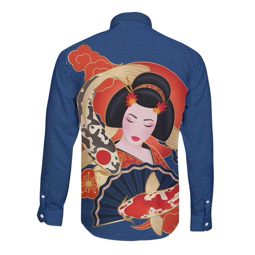 Japanese Geisha Koi Fish Long Sleeve Button Shirt Cherry Blossoms Blue Seigaiha Pattern LT14 - Polynesian Pride