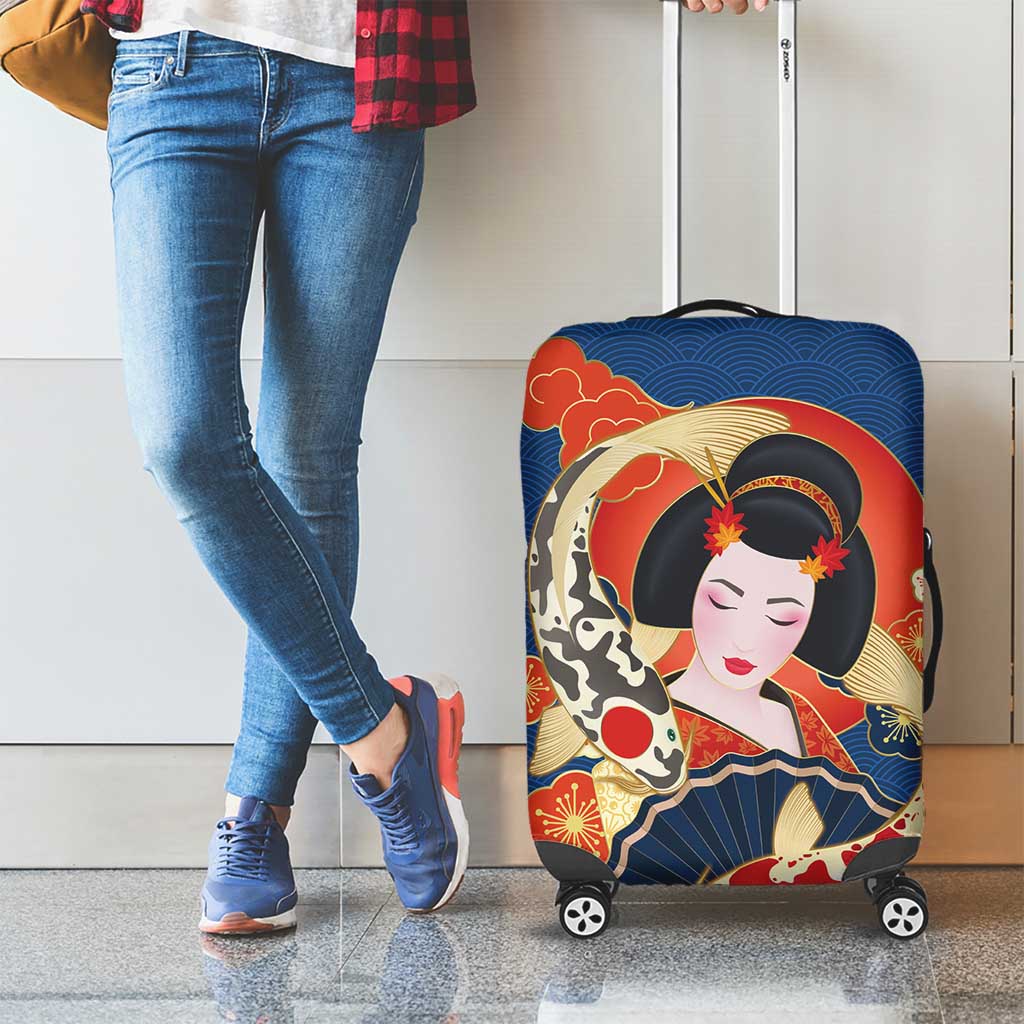 Japanese Geisha Koi Fish Luggage Cover Cherry Blossoms Blue Seigaiha Pattern LT14 - Polynesian Pride