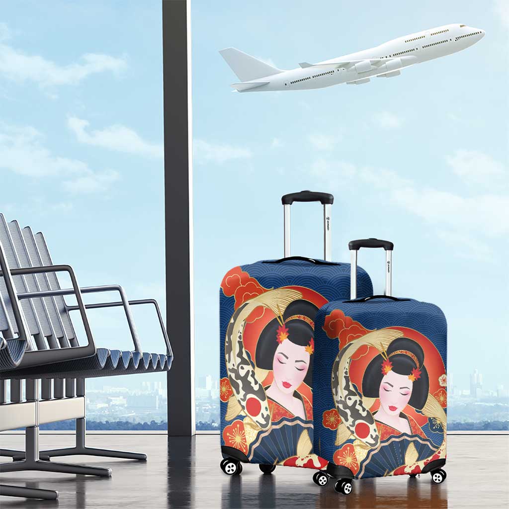 Japanese Geisha Koi Fish Luggage Cover Cherry Blossoms Blue Seigaiha Pattern LT14 - Polynesian Pride
