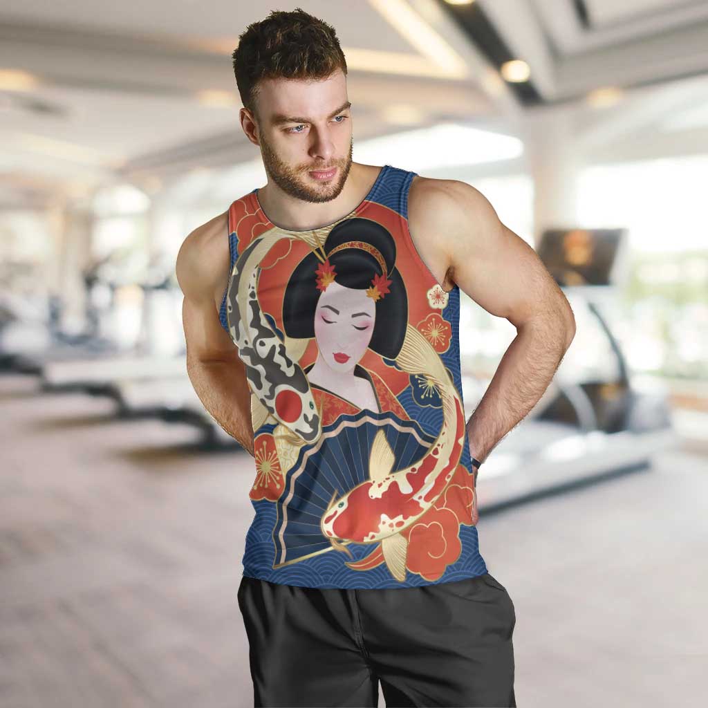 Japanese Geisha Koi Fish Men Tank Top Cherry Blossoms Blue Seigaiha Pattern LT14 Blue - Polynesian Pride