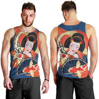 Japanese Geisha Koi Fish Men Tank Top Cherry Blossoms Blue Seigaiha Pattern LT14 - Polynesian Pride