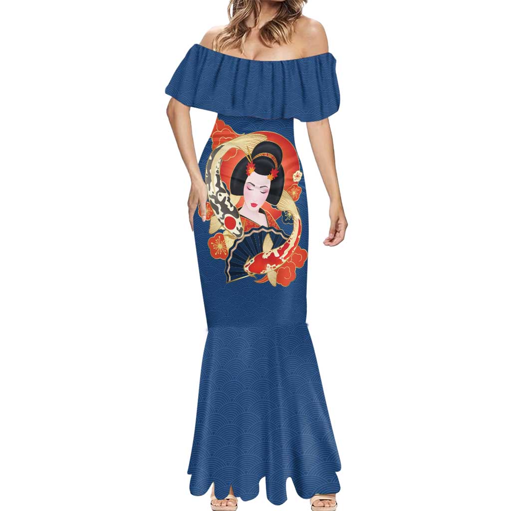 Japanese Geisha Koi Fish Mermaid Dress Cherry Blossoms Blue Seigaiha Pattern LT14 - Polynesian Pride