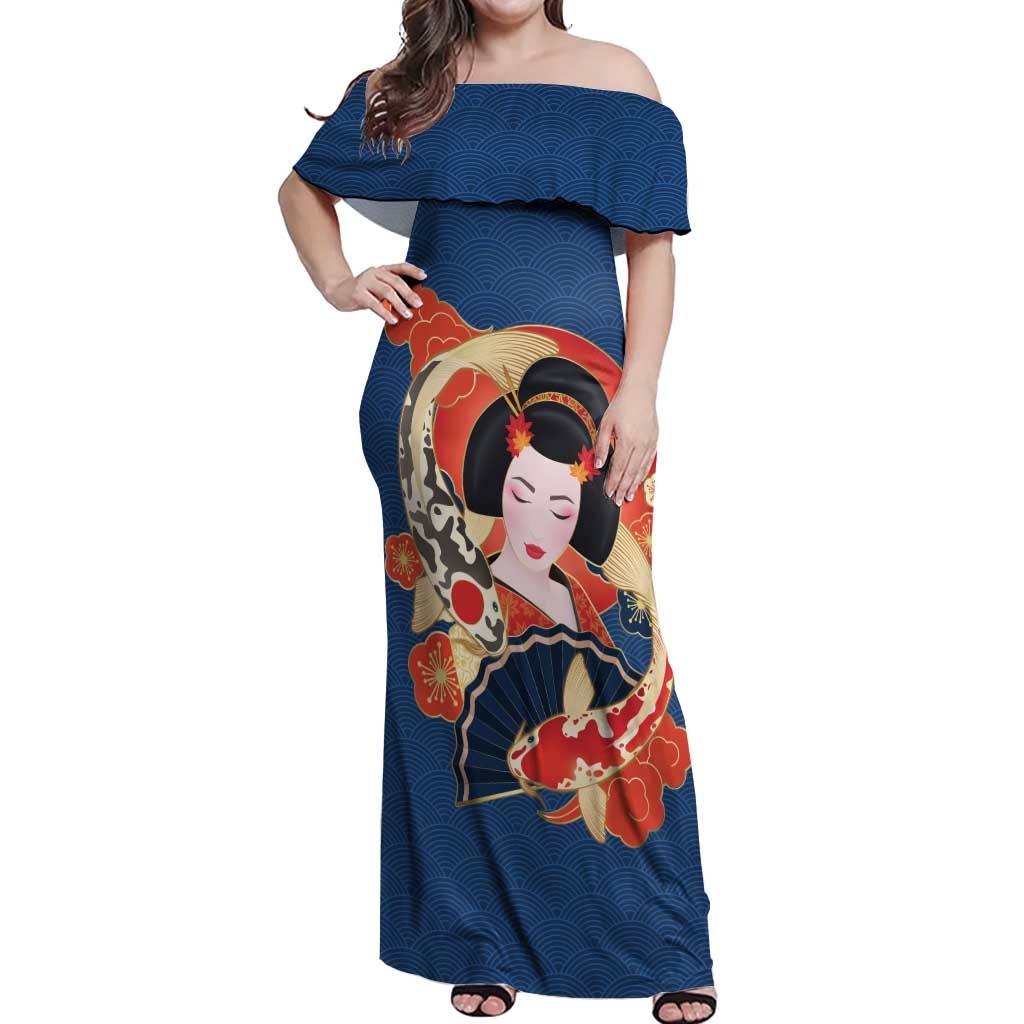 Japanese Geisha Koi Fish Off Shoulder Maxi Dress Cherry Blossoms Blue Seigaiha Pattern LT14 Women Blue - Polynesian Pride