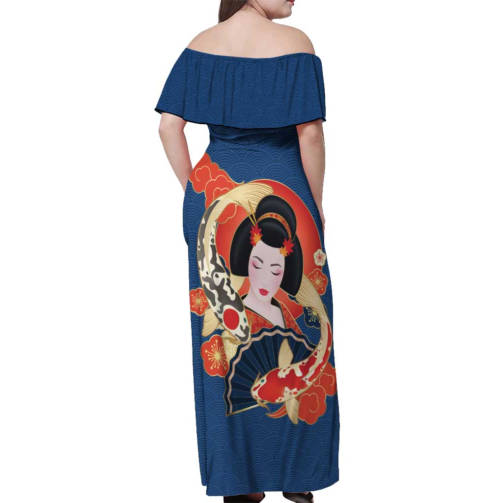 Japanese Geisha Koi Fish Off Shoulder Maxi Dress Cherry Blossoms Blue Seigaiha Pattern LT14 - Polynesian Pride
