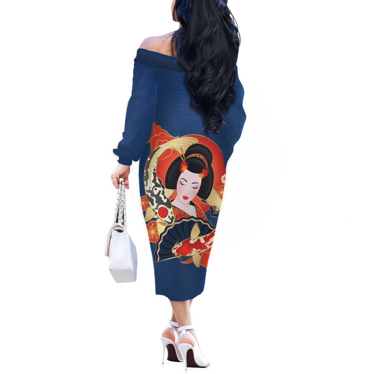 Japanese Geisha Koi Fish Off The Shoulder Long Sleeve Dress Cherry Blossoms Blue Seigaiha Pattern LT14 - Polynesian Pride