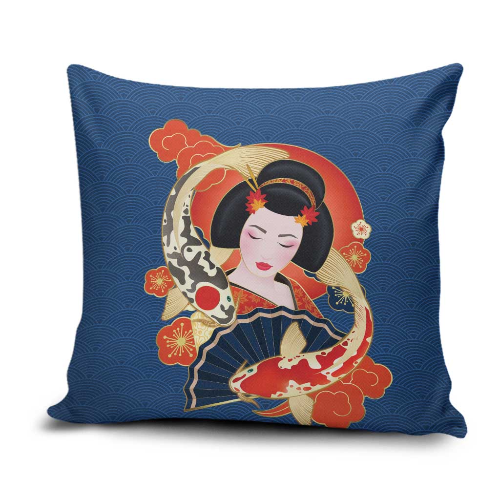 Japanese Geisha Koi Fish Pillow Cover Cherry Blossoms Blue Seigaiha Pattern LT14 Blue - Polynesian Pride