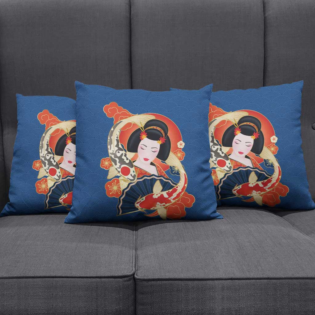 Japanese Geisha Koi Fish Pillow Cover Cherry Blossoms Blue Seigaiha Pattern - Polynesian Pride