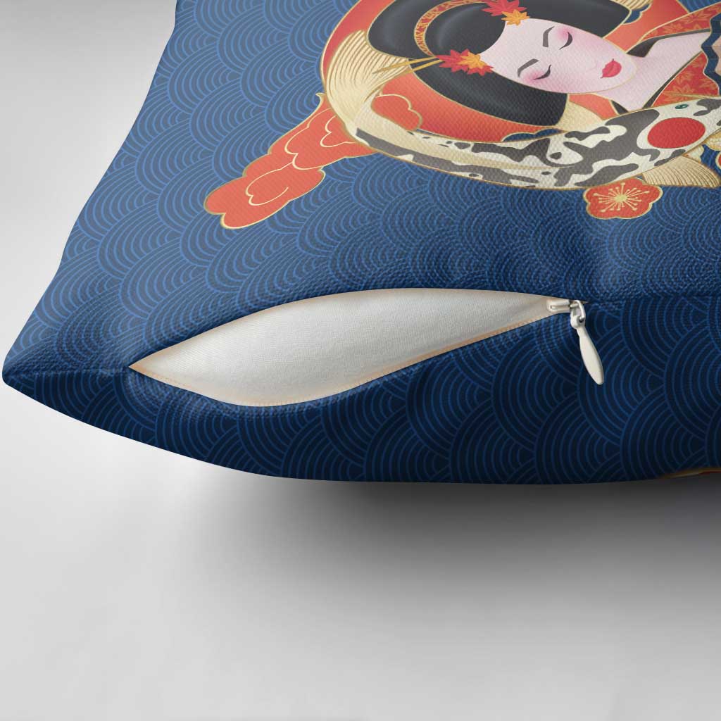 Japanese Geisha Koi Fish Pillow Cover Cherry Blossoms Blue Seigaiha Pattern - Polynesian Pride