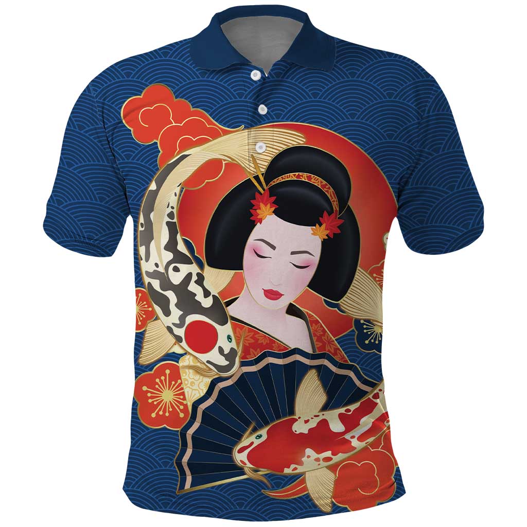 Japanese Geisha Koi Fish Polo Shirt Cherry Blossoms Blue Seigaiha Pattern LT14 Blue - Polynesian Pride