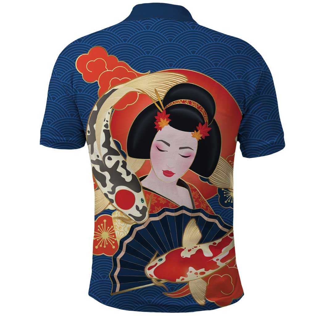 Japanese Geisha Koi Fish Polo Shirt Cherry Blossoms Blue Seigaiha Pattern LT14 - Polynesian Pride