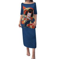 Japanese Geisha Koi Fish Puletasi Cherry Blossoms Blue Seigaiha Pattern LT14 Long Dress Blue - Polynesian Pride