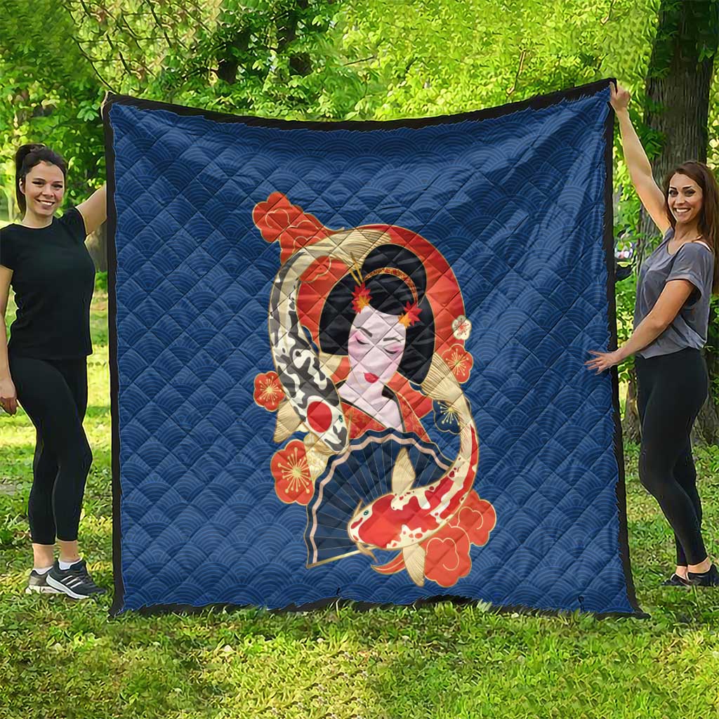Japanese Geisha Koi Fish Quilt Cherry Blossoms Blue Seigaiha Pattern - Polynesian Pride