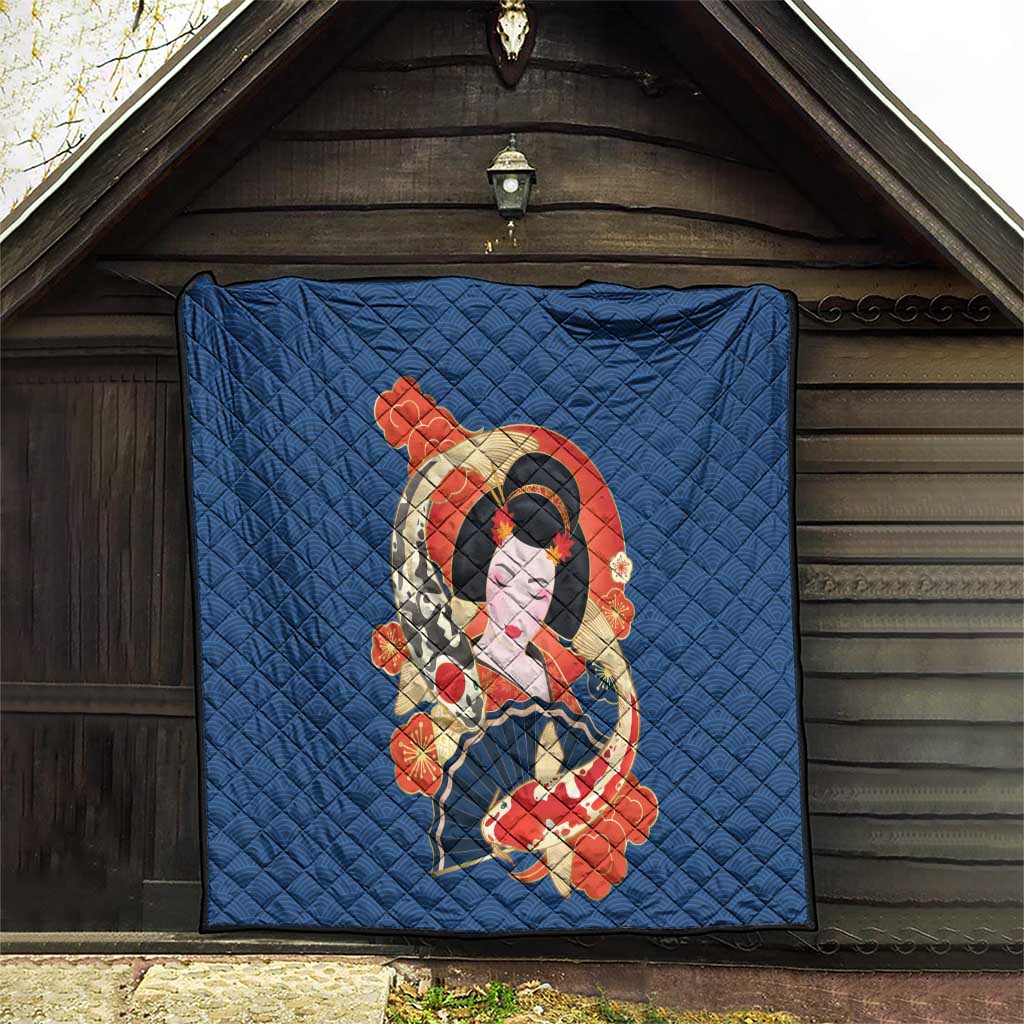 Japanese Geisha Koi Fish Quilt Cherry Blossoms Blue Seigaiha Pattern - Polynesian Pride