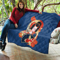 Japanese Geisha Koi Fish Quilt Cherry Blossoms Blue Seigaiha Pattern - Polynesian Pride